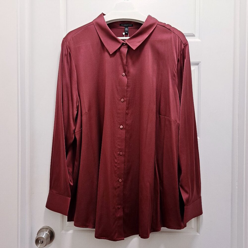 Eileen Fisher Stretch Silk Charmeuse Classic Collar Shirt Size 2X